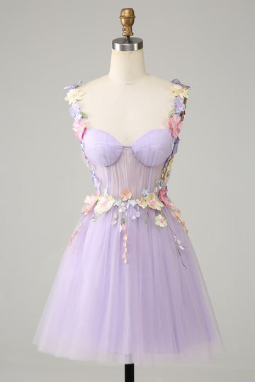 Correas de espagueti púrpura Tul Homecoming vestido con flores 3D
